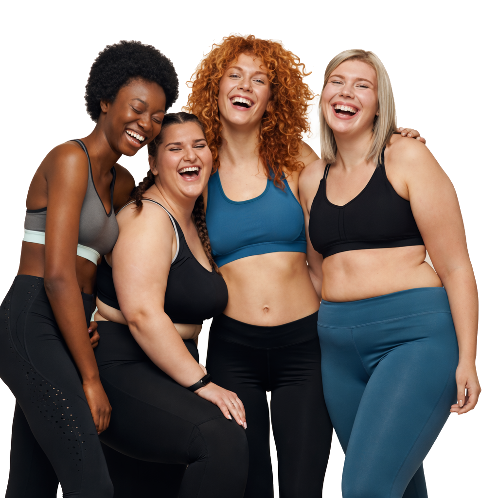 Group of women in fitness attire laughing together after a class
